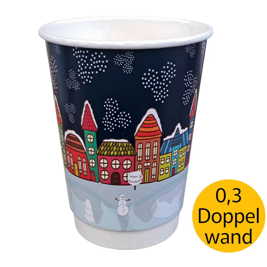 Glühweinbecher Doppelwand Winterdorf 0,3l blau bunt