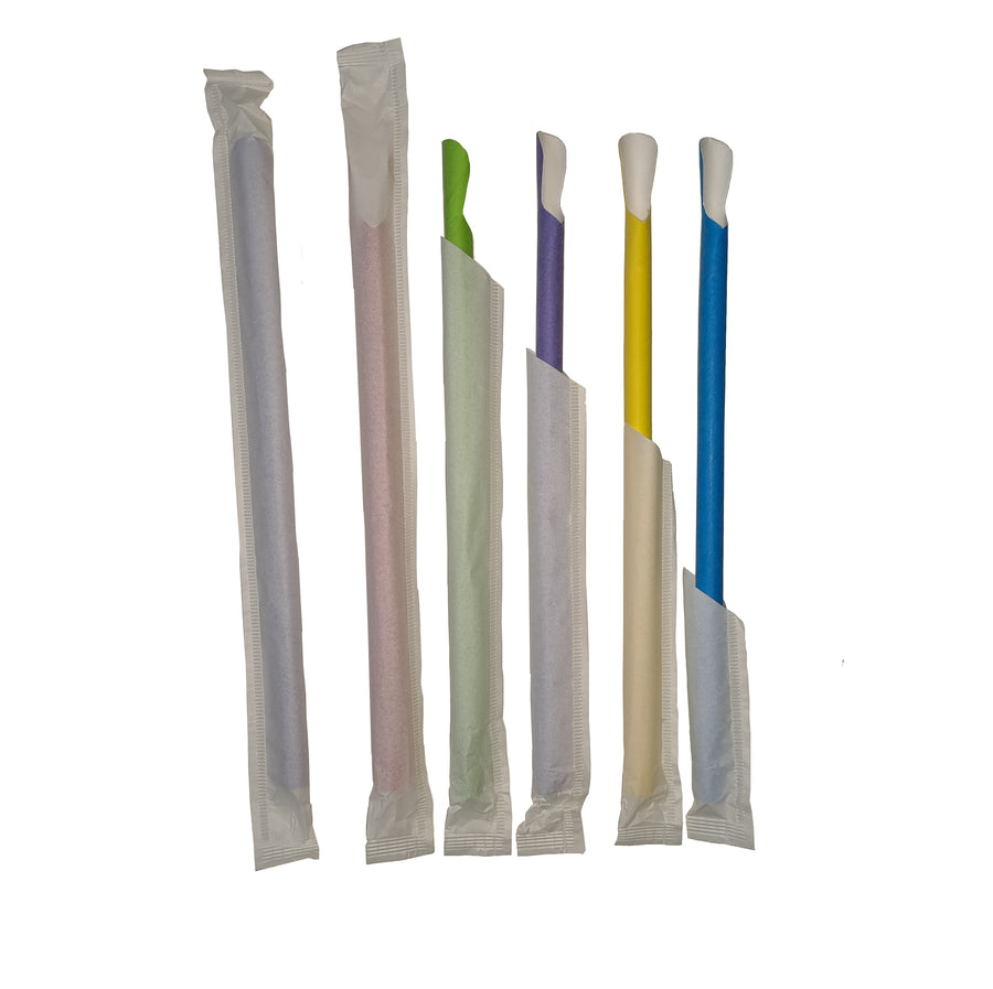 Bio Papier Löffel Trinkhalme bunt gemischt 200x8 mm Horeca Qualität einzeln in Papier gehüllt | Foodypack.de