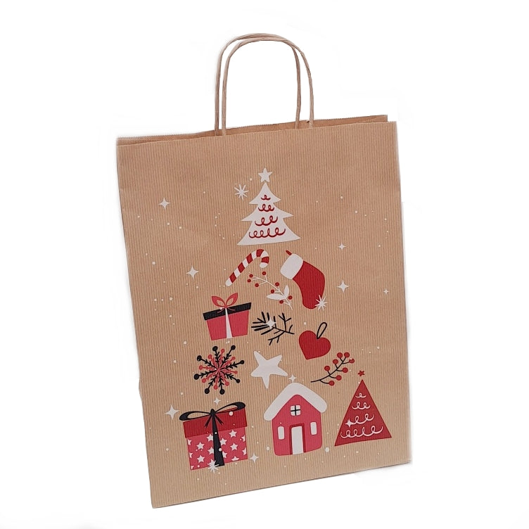 Weihnachtstragetaschen 260+120x350mm kraftbraun mit Motiv