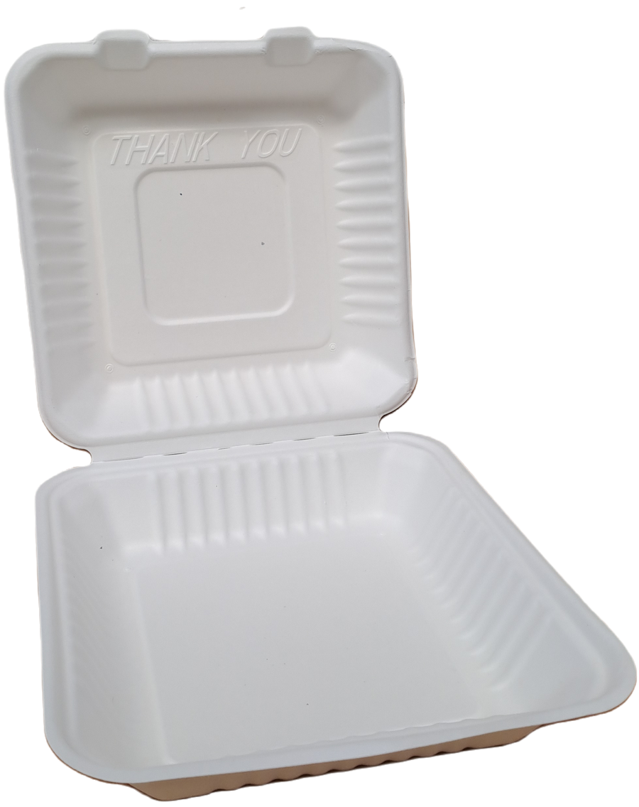 Bio Menübox aus Bagasse mit Klappdeckel 230x230x80mm weiß