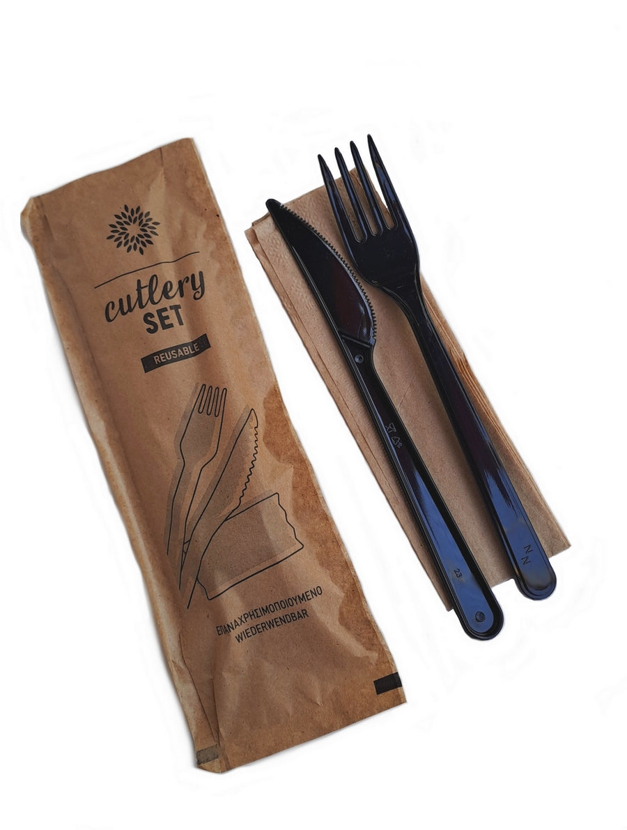 Besteck-Set Gabel, Messer (Mehrweg), Serviette in brauner Kraftpapiertüte verpackt 500St. | Foodypack.de
