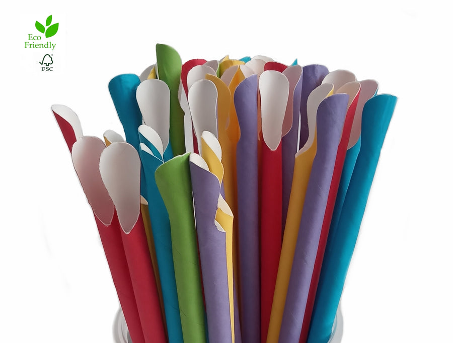 Bio Papier Löffel Trinkhalme bunt gemischt 200x8 mm